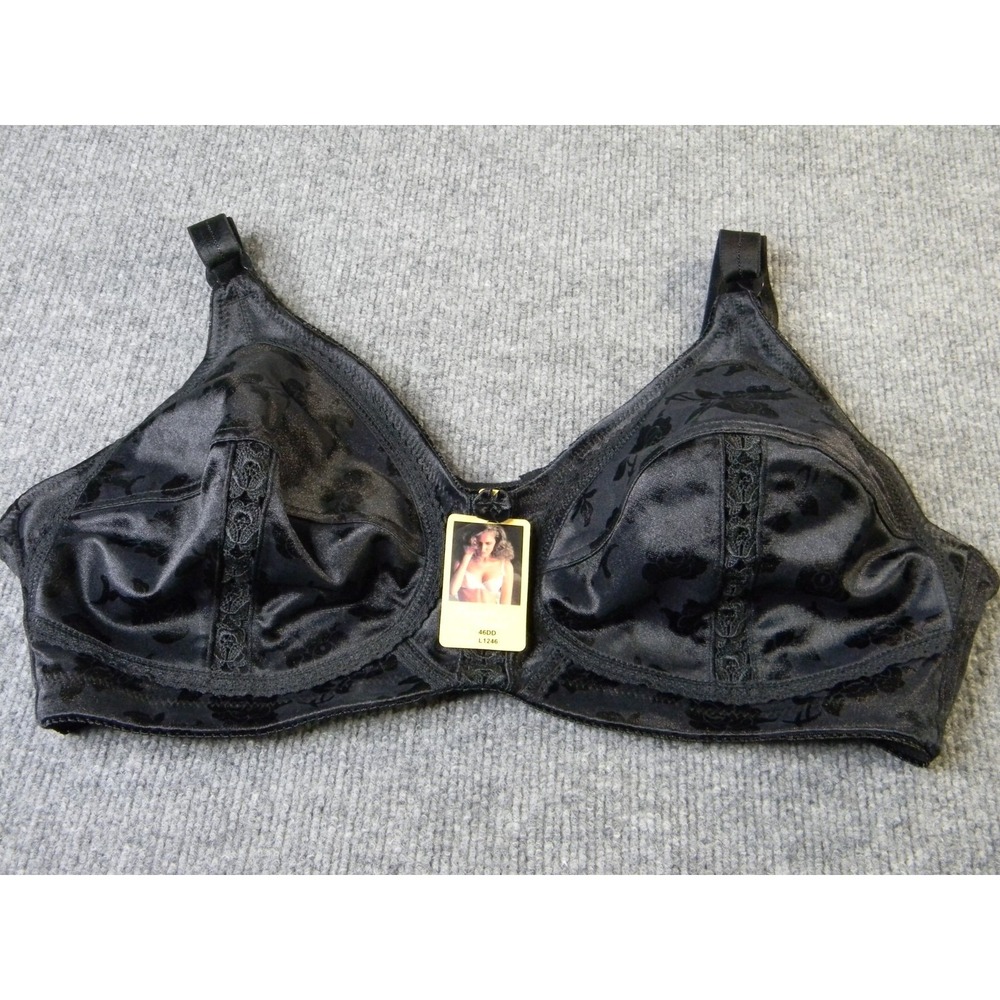 Lynda's World 46DD Black Wireless Full Coverage Bra Floral Satin Style L1246